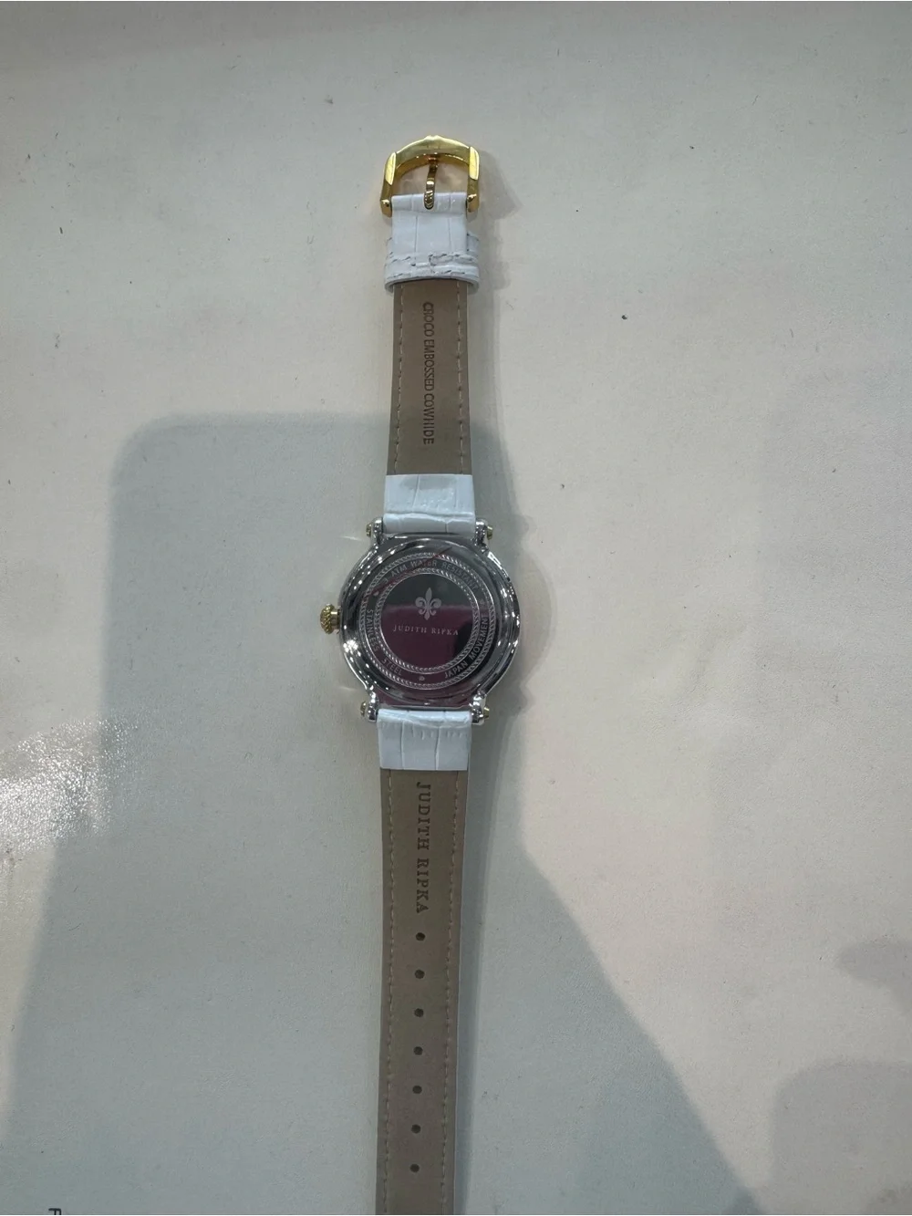New Judith Ripka Odyssey White Embossed Leather Floating Heart Crystal Watch